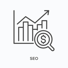 Seo flat line icon. Vector outline illustration of graph and magnifier. Black thin linear pictogram for optimization