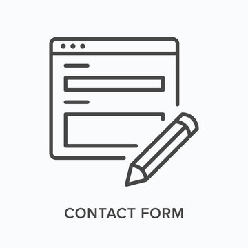 Contact form flat line icon. Vector outline illustration of paper and pencil. Black thin linear pictogram for information document