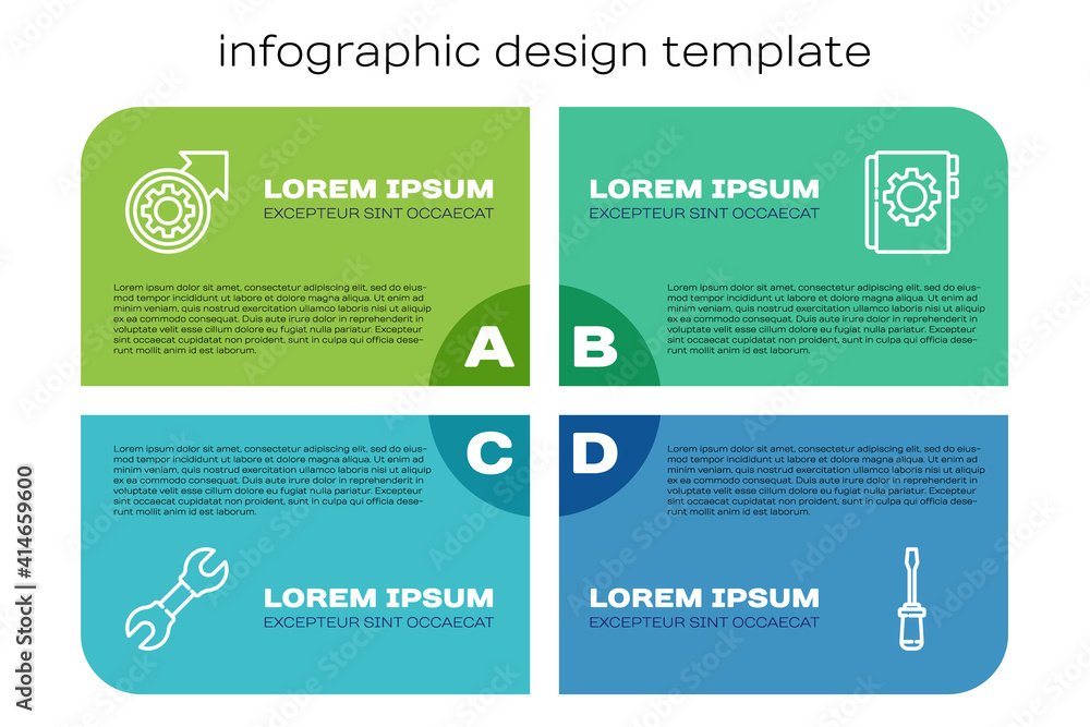 Poster Set line Wrench spanner, Gear and arrows as workflow process, Screwdriver and User manual. Business infographic template. Vector.