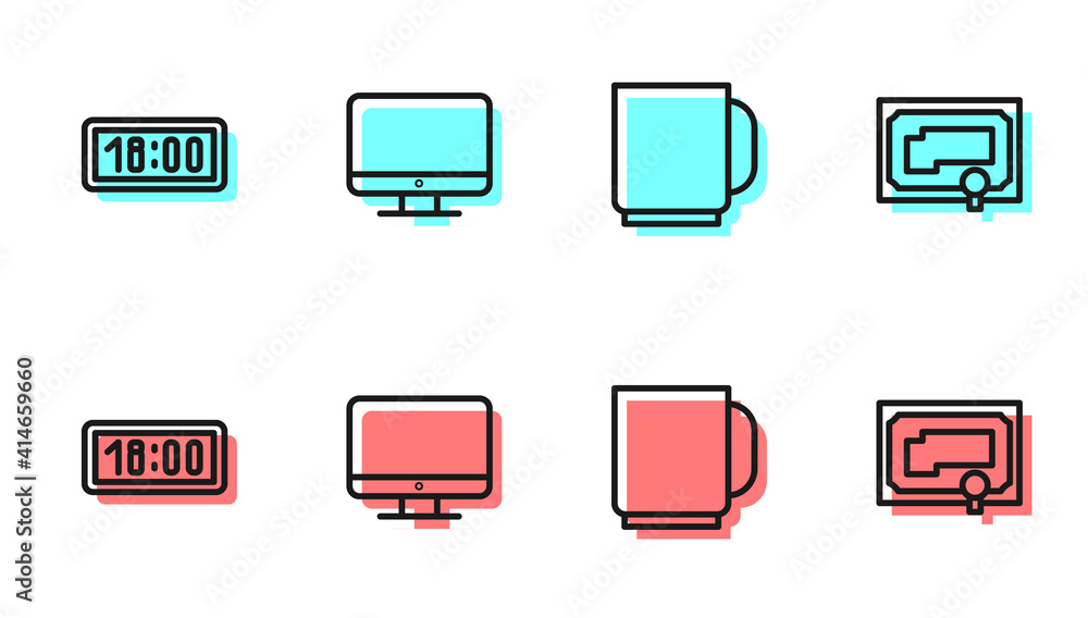 Poster set line coffee cup, digital alarm clock, computer monitor screen and certificate template icon. vec
