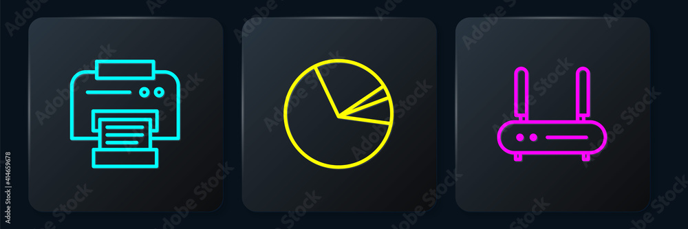 Poster set line printer, router and wi-fi signal and pie chart infographic. black square button. vector.