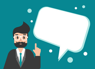businessman or attorney with speech bubbles. flat vector illustration on blue background.