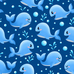 Fototapeta premium Blue whales seamless pattern. Childish illustration for nursery room. Ocean design for wrapping paper, textile, fabric, print. Cartoon whales on blue background.