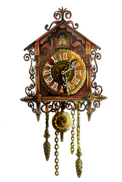 Vintage German cuckoo clock. The carved retro clock is isolated on a white background. Beautiful watercolor illustration for books and holiday cards. For design and decoration