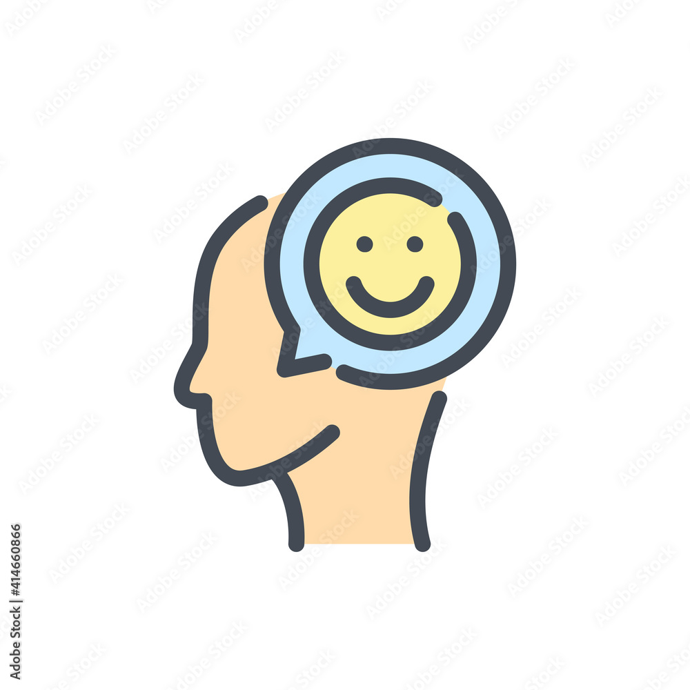 Poster positive feedback color line icon. head with chat message and happy face vector outline colorful sig
