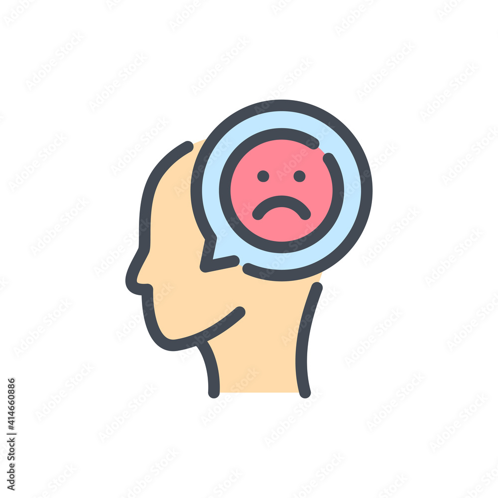 Poster negative feedback color line icon. head with chat message and sad face vector outline colorful sign.