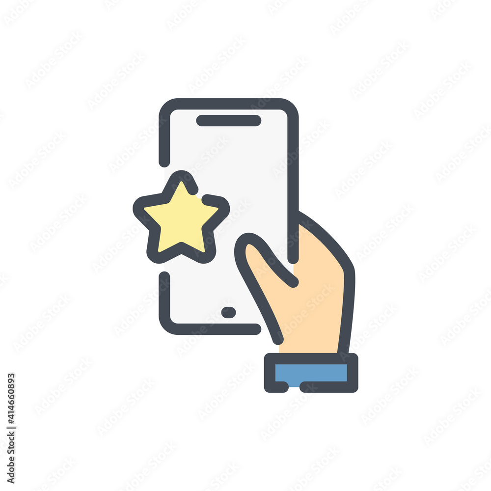 Poster online feedback and rating color line icon. mobile phone with hand and star vector outline colorful 