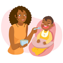 African american mother feeds a baby in highchair. Positive cartoon illustration of feeding toddler. Happy motherhood breakfast concept. Vector isolated.