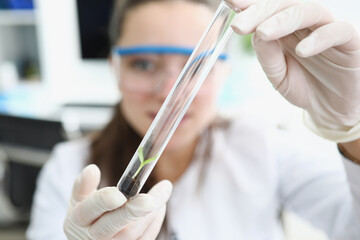Researcher holds flask with earth and small plant in his hands. Botanical research and new plant species concept