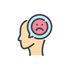 Negative feedback color line icon. Head with chat message and sad face vector outline colorful sign.