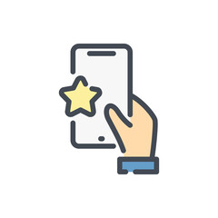 Online feedback and Rating color line icon. Mobile phone with hand and star vector outline colorful sign.