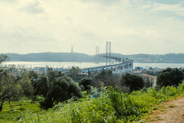 Panoramic View Ponte 25 de Abril Lisbon Portugal Tejo