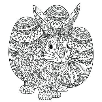 Coloring page rabbit with easter eggs. Vector outline illustration with doodle and zentangle elements for coloring book for adult. Bunny with long ears and decorative elements.