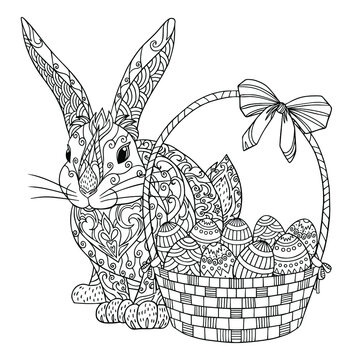 Rabbit with basket and easter eggs coloring page. Vector illustration of spring bunny. Coloring book for adults with doodle and zentangle elements.