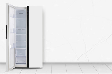 Home appliance -  Left open Two-door side by side refrigerator in front of white wall