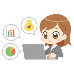 Anime style illustration of a woman working on a PCー PCで仕事するスーツの女性