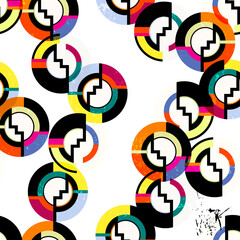 seamless geometric pattern background, retro, vintage style, with circles, stripes, paint strokes and splashes