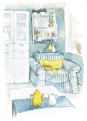 Light simple interior in country style. Kitchen interior decoration. Sketch style. Watercolor hand drawn illustration