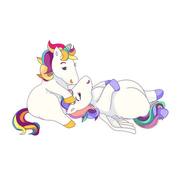 Love of cute Pegasus and Unicorn, isolated Pegasus and Unicorn in Cartoon style, vector Magical Horses on white isolated background, concept of Fairytales, Friendship, Love and Togetherness.