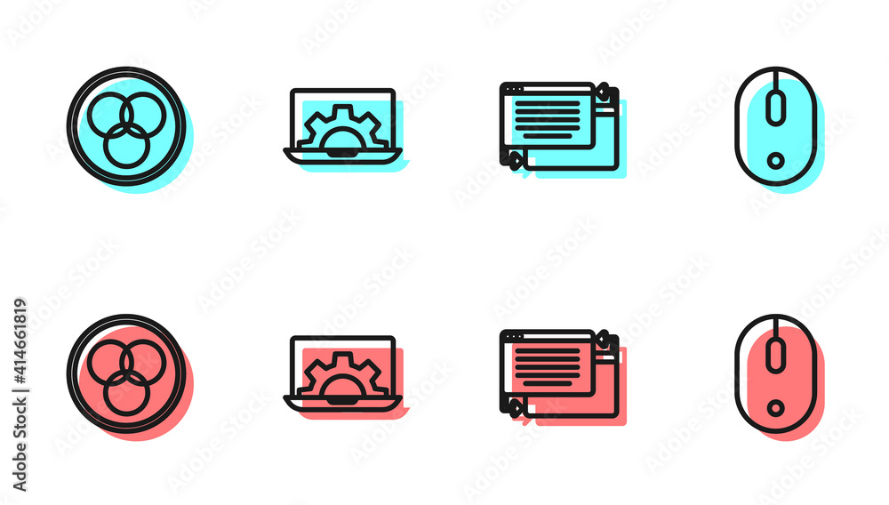 Poster set line ui or ux design, rgb and cmyk color mixing, web development and computer mouse icon. vector
