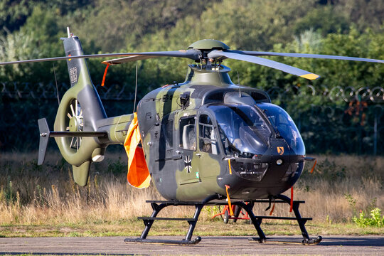KLEINE-BROGEL, BELGIUM - SEP 14, 2019: German Army Airbus Eurocopter EC135 helicopter at Kleine-Brogel Airbase.