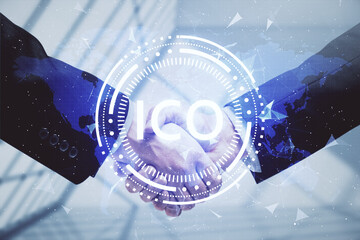 Double exposure of blockchain hologram and handshake of two men. Crypto business concept.