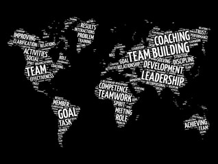 Team building word cloud in shape of world map, business concept background