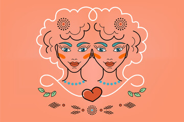 Vector zodiac sign Constellations Gemini, logo, tattoo, illustration. Two Girls faces with lines fantasy ornament, in fairy style