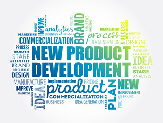 New product development word cloud collage, business concept background