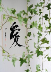love hieroglyph japanese surrounded in green hedera