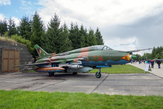 Russian made Sukhoi Su-22 Fitter bomber fighter jet aircraft on base.