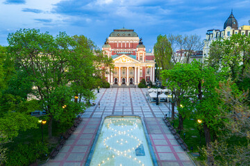 Sunset aerial view of Ivan Vazov Theatre in Sofia, Bulgaria