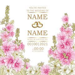 wedding template romantic women's floral card, Hollyhocks  flowers
