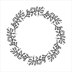 Vector hand drawn spring wreath isolated on white background. Outline circle of leaves. Doodle style. Floral frame.