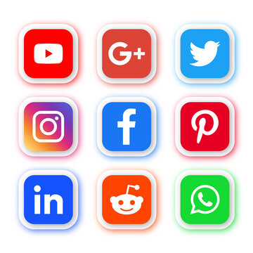 social media icons buttons, facebook, twitter, instagram, pinterest, whatsapp, reddit, google plus, youtube, linkedin, Collection of popular social network logo in rectangle stickers