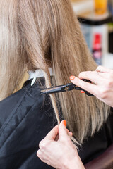Close-up of the hands of a professional hair stylist with scissors. Repairing long hair of a blonde caucasian woman. Process of cutting split ends. Haircut at a beauty salon. Woman's hairstyle.