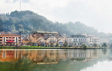 Fototapeta premium Panoramic view of the hotel. Sapa lake and city in Sapa, Vietnam