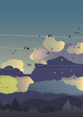 Landscape drawing with sky, clouds and birds