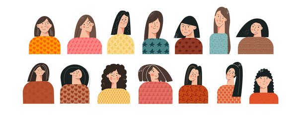 Set of woman's portrait modern minimalist aesthetic flat vector illustration. Contemporary bright face of female character with cute texture. Group of young trendy girls