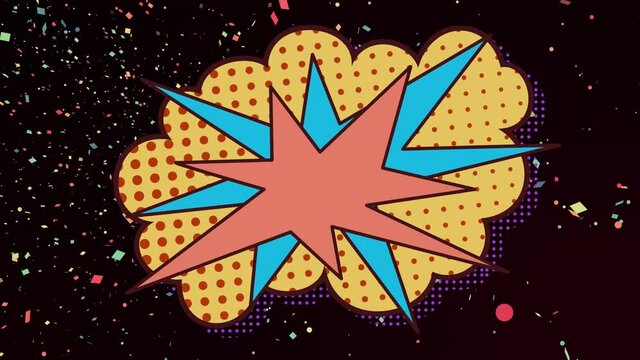 Animation of comic book explosion graphic with confetti falling on black background