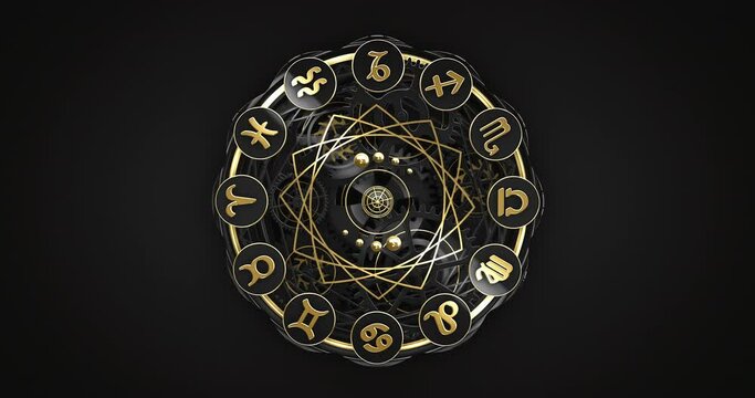 Handmade gold zodiac clock in close-up zoom. And the second part as an endless loop of rotating zodiac signs. Two parts in one 4k video.