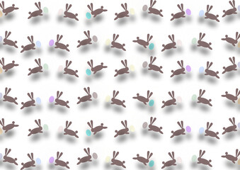 Creative easter bunnies run against multicolored eggs, cartoon style, isolated, seamless pattern for wrapping paper, packaging design...
