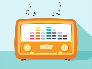 retro FM radio . Vector illustration of a radio receiver on a light green background.