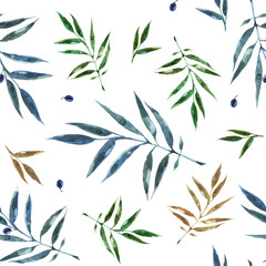 Pattern of olive branches with berries made in watercolor.  Image for textile, wallpaper, notebook, notepad.