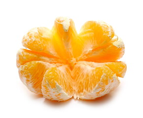 Peeled orange fruit pieces, slices isolated on white background