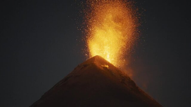 The stunning eruption of the Fuego volcano during night time in Guatemala