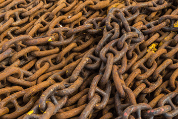 Large iron anchor chain. A rusty chain link. Corrosion. Shackles.