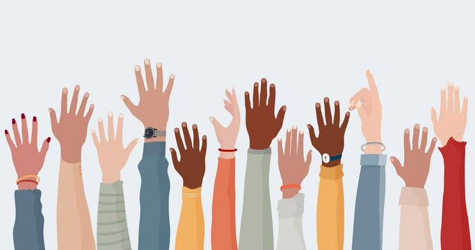Illustrated animation of raised arms and hands of multiethnic and multicultural men women girls and boys. Happy people. Diversity people. Participation.Teamwork. Different culture