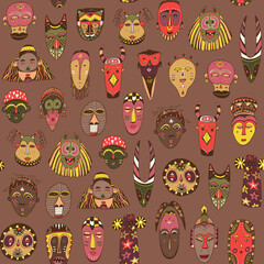 African masks seamless vector line pattern