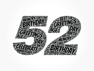 Happy 52nd birthday word cloud, holiday concept background